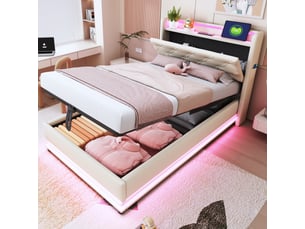Lit enfant 90 × 200 cm 1 place avec coffre, led, 3 ports usb et port usb c, sans matelas, en lin beige