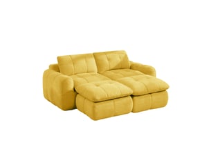 Canapé modulaire 2 places sans cadre avec 2 poufs, assise profonde et accoudoirs en chenille jaune, 194 × 160 × 68 cm