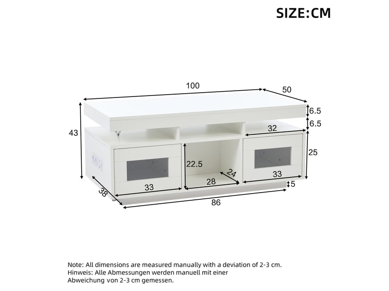  Table basse avec 2 portes, 2 niches, led contrôlée par application, prise et usb pour salon, 100 × 50 × 43 cm  - Conforama D