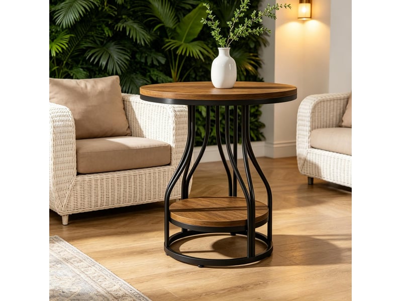 Table basse ronde 2 niveaux, moderne, plateau noir et marron, structure en métal peint, rangement pratique - Conforama D