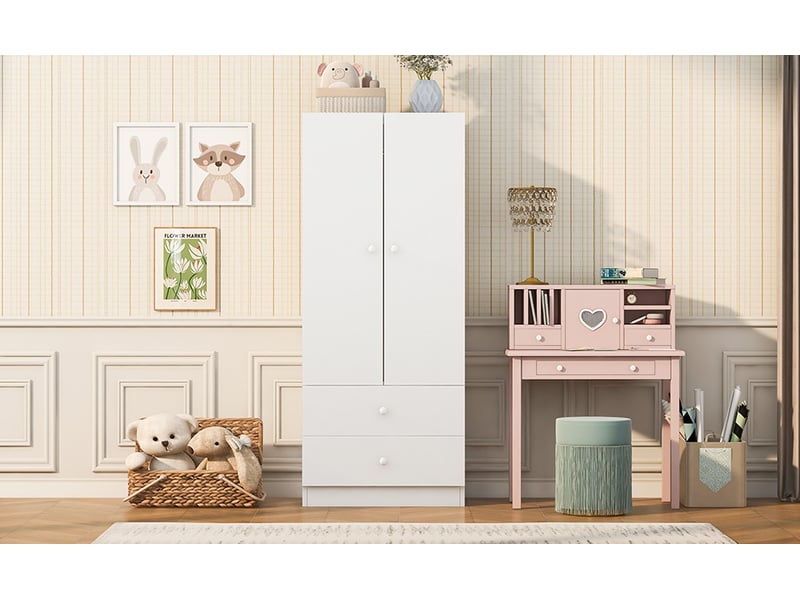  Armoire penderie 70 x 40 x 170 cm avec 2 tiroirs en mdf, blanc et rose  - Conforama E