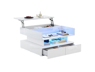 Table basse carrée relevable 80x80 cm avec rangement caché, 2 tiroirs et led app, plateau verre trempé, blanc brillant
