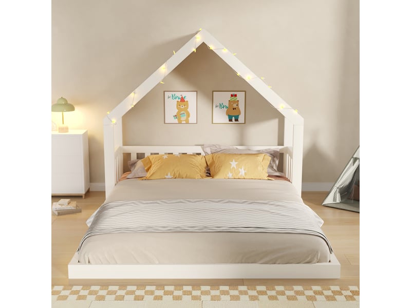  Lit cabane enfant 140x200cm avec toit en tissu et guirlande lumineuse, cadre de lit maison en bois, blanc evarich - Conforama E