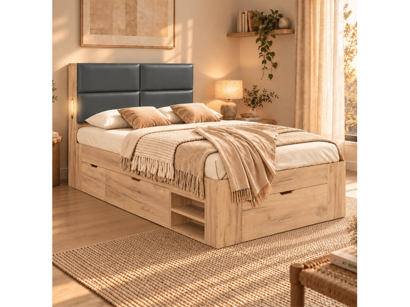  Lit enfant 90 × 200 cm avec tiroirs et niches coulissantes, tête de lit rembourrée, veilleuse et prises usb, naturel  - Conforama E