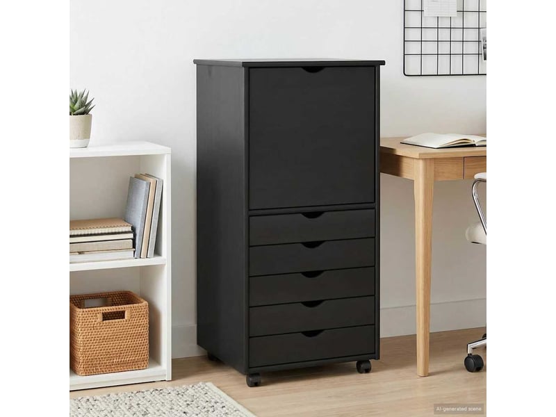  Caisson roulant de bureau, meuble de rangement 53 x 39 x 103 cm bois de pin massif noir  - Conforama C