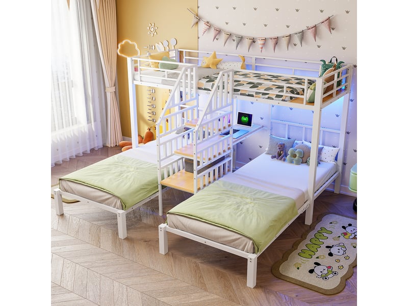  Lit superposé 3 couchages 90 x 200 cm avec bureau et rangement, en métal et mdf blanc, sans matelas  - Conforama D