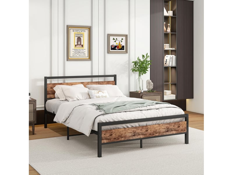  Cadre de lit modenvie 140 x 200 cm en métal et mdf avec sommier à lattes, espace de rangement sous le lit, brun antique  - Conforama E