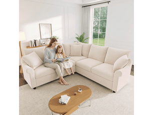 Canapé d'angle 5 places en tissu chenille beige, 217×217×83 cm, accoudoirs galbés, mousse et ressorts ensachés