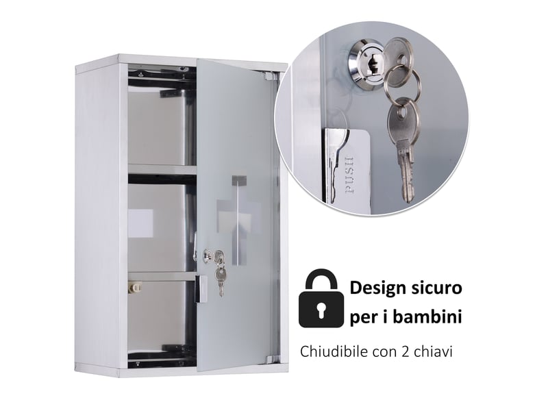  Armoire à pharmacie murale en inox 430, serrure à 2 clés, 3 étagères, 30 x 18 x 50 cm  - Conforama R
