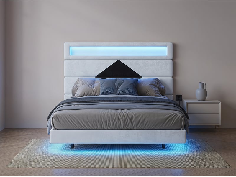  Lit 2 places 160x200 cm - usb et usb c - led intégrée - tissu velours blanc  - Conforama D