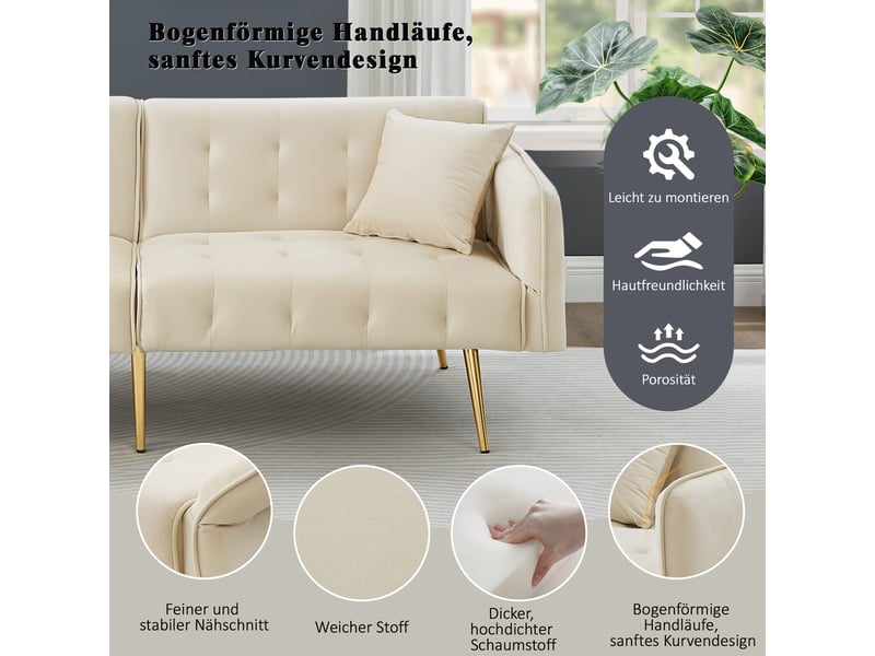 Canapé convertible 2 places velours avec dossier et accoudoirs réglables — espace de couchage généreux pour salon - Conforama E