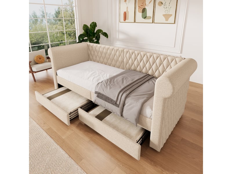  Lit banquette 90x200 cm avec 2 tiroirs, revêtement en lin beige  - Conforama C