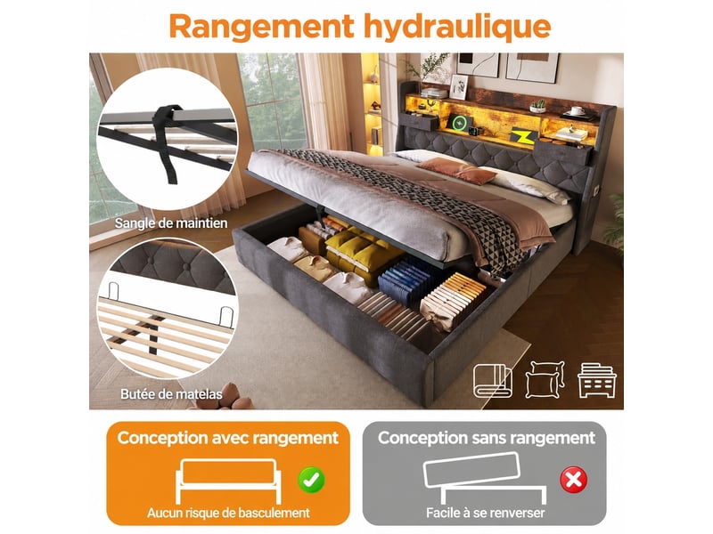 Lit coffre 140x190 cm avec tête de lit led, rangement hydraulique, gris en lin - Conforama E