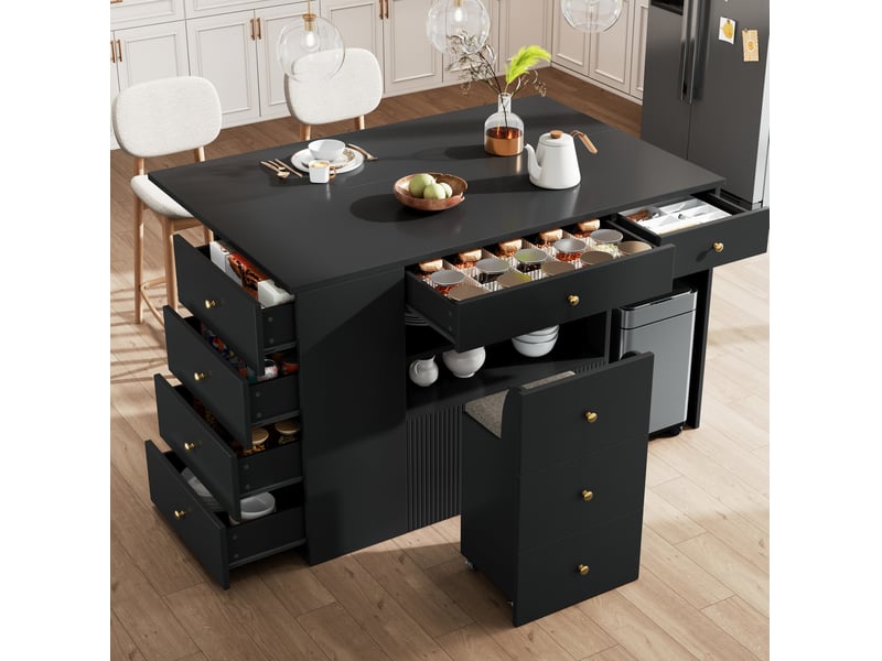  Desserte de cuisine 140x40-70x90,5 cm, avec 6 tiroirs et tabouret de rangement, structure mdf et métal, couleur noir  - Conforama E