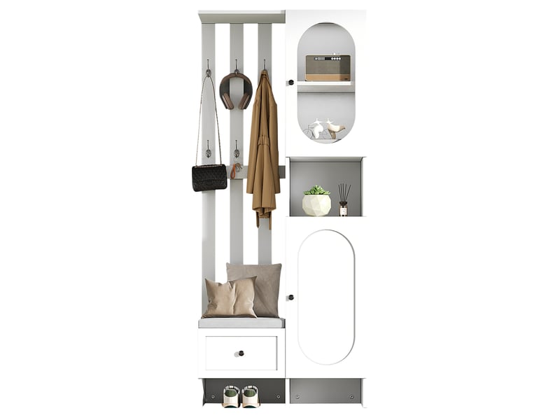  Meuble d'entrée avec 2 armoires, tiroir, 10 rangements, 6 crochets et banc à chaussures blanc, 85 × 33,5 × 200 cm  - Conforama A