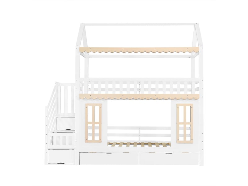  Lit superposé enfant 90 x 200 cm forme maison rangement latéral échelle 2 tiroirs fenêtres décoratives en bois moulures décoratives structure pin et mdf finition blanche et naturelle  - Conforama A