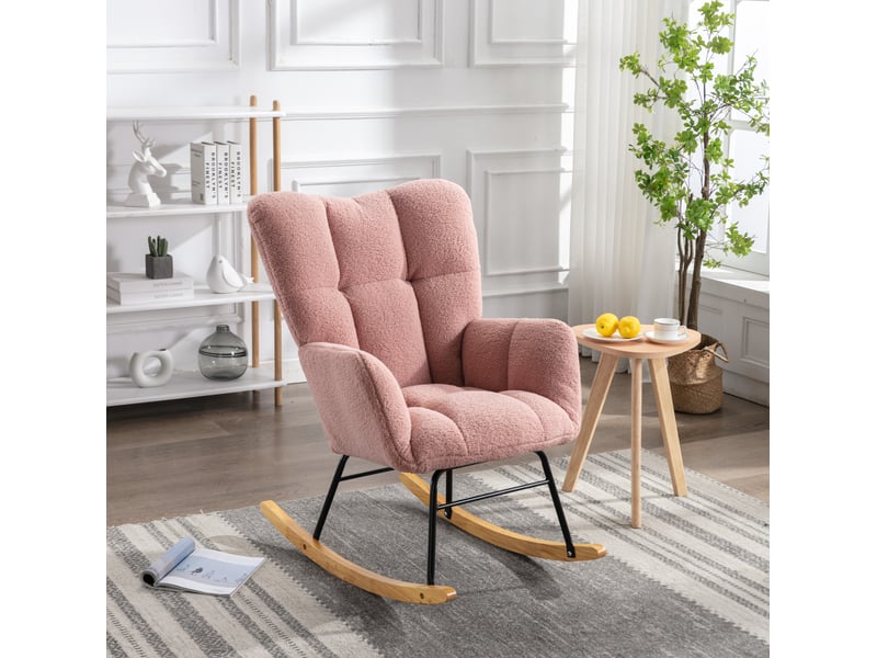  Fauteuil à bascule 89x70x95 cm rose en tissu peluche, dossier haut et accoudoirs, style moderne  - Conforama B