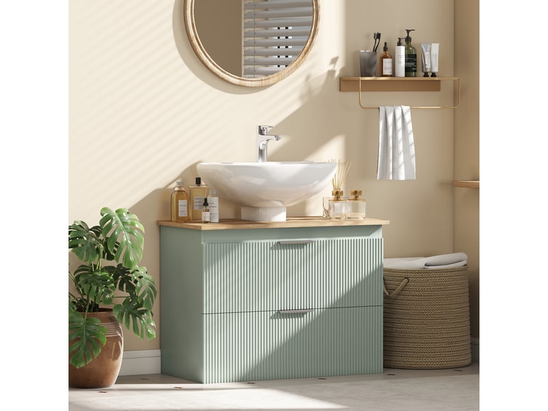  Meuble sous lavabo, meuble de salle de bain avec 2 tiroirs, style moderne, 80 x 40 x 60 cm, vert et bois naturel  - Conforama C