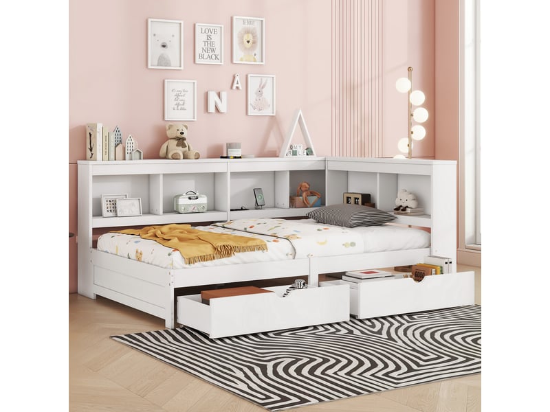  Lit banquette 90x200 cm en panneaux de particules avec tiroirs de rangement, connexion usb - blanc  - Conforama C