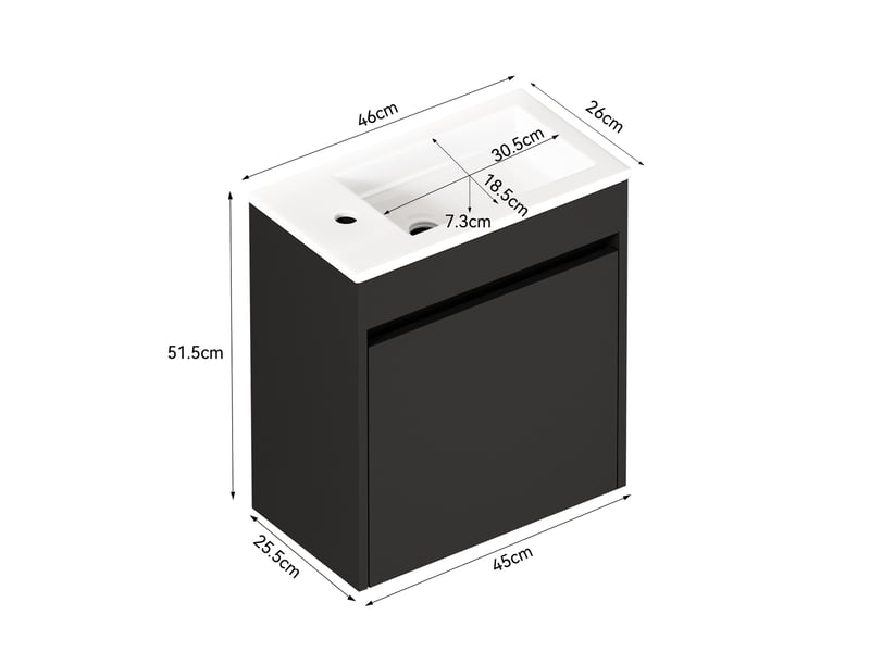 Meuble de salle de bain 46 cm avec rangement et porte à fermeture douce mdf noir - Conforama E
