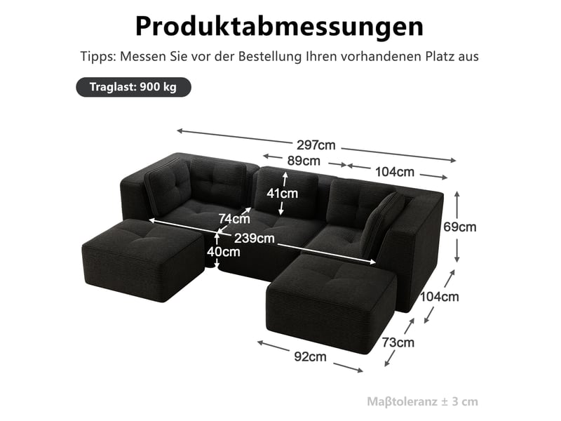 Canapé d’angle modulable 3 places en velours côtelé noir – 297 x 177 x 69 cm - Conforama E
