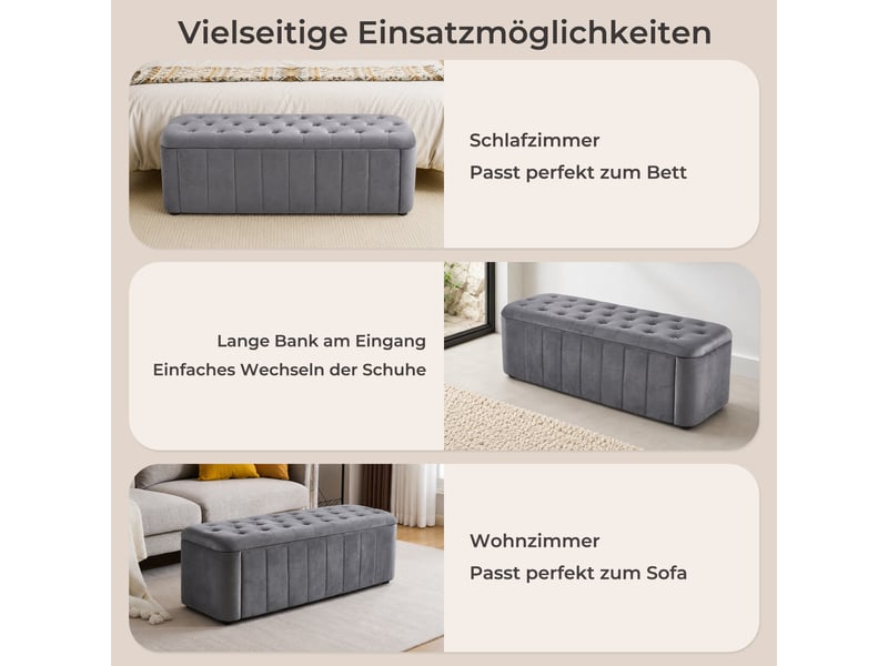  Banc coffre capitonné avec rangement en velours gris foncé 132 x 47.5 x 44 cm  - Conforama D