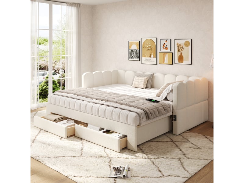 Lit gigogne 90180x190 cm - lit enfant extensible avec rangement et ports usb type-c, revêtement en lin, sans matelas, beige  - Conforama B