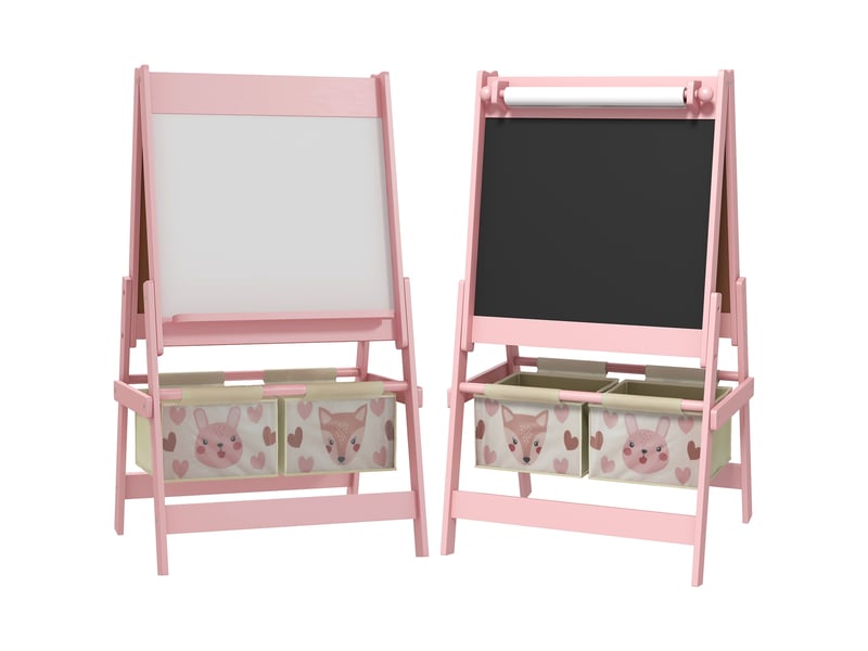  Tableau chevalet enfant ardoise double face tableau à craie rouleau papier 2 paniers rose 54 x 46,5 x 93 cm  - Conforama B