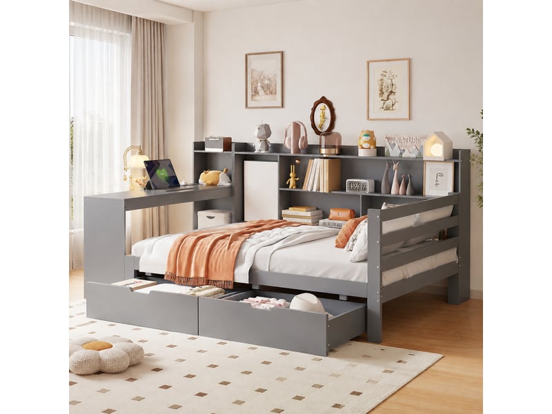 Lit 1 place 90x200 cm avec bureau, rangements et prises usb gris  - Conforama D