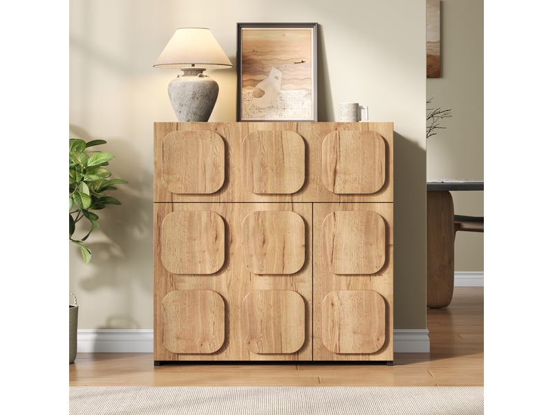  Buffet vintage à façade modulaire avec 4 grands compartiments, meuble de rangement pour salon, salle à manger ou entrée, en bois et mdf, bois et noir Seren Glow - Conforama E