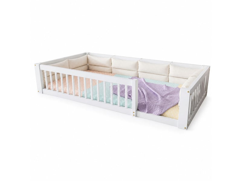  Lit enfant simple 90x200 cm, coussins, bois, en mdf, coloris blanc, barrières de sécurité, style moderne, sans matelas  - Conforama A