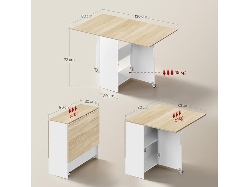 Table de salle à manger pliante, 3 formes possibles, en bois d'ingénierie, à roulettes avec freins, chêne clair  - Conforama D