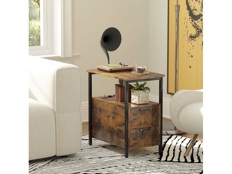 Table d'appoint avec station de charge, 2 tiroirs et étagère, marron, 55 x 35 cm  - Conforama D