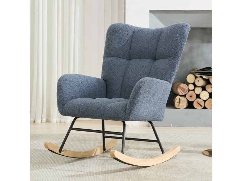  Fauteuil à bascule - 65x77x90cm - fauteuil rocking chair tissu bouclette teddy avec poche et pieds bois massif - bleu  - Conforama C