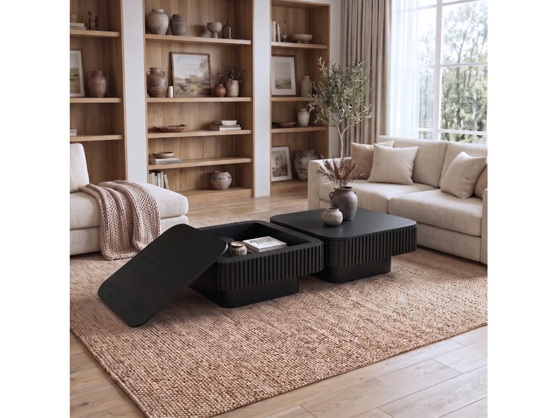 Table basse carrée 75x75x35 cm noire avec rangement caché - Conforama D