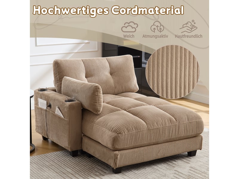  Canapé en velours côtelé kaki avec accoudoirs réversibles, coussins assortis et port usb intégré  - Conforama D
