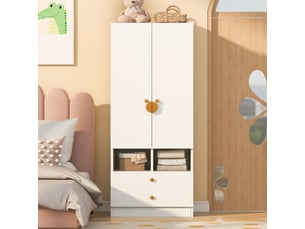 Armoire chambre 70x50x170 cm - penderie 2 portes, 2 tiroirs, petits compartiments, poignées style cartoon, blanc