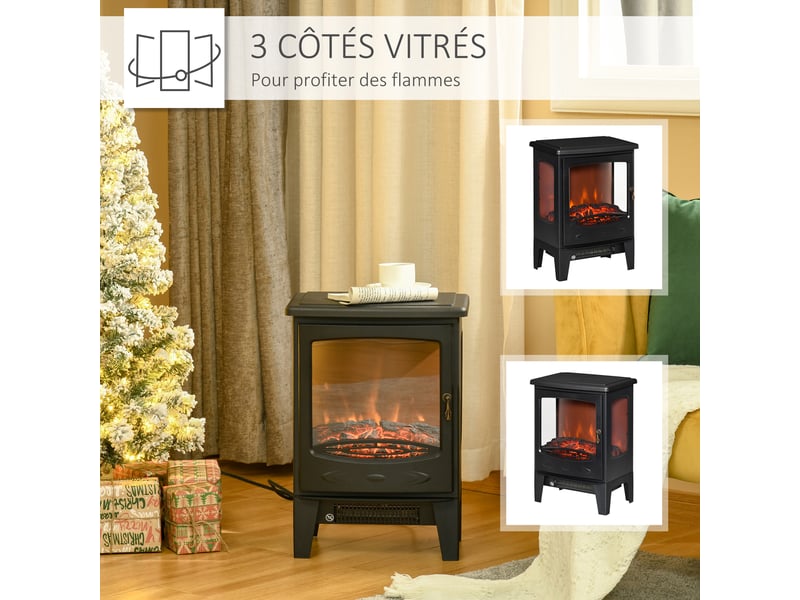  Cheminée électrique poêle style néo-rétro 900-1800 w simulation flammes led luminosité réglable acier abs noir  - Conforama E