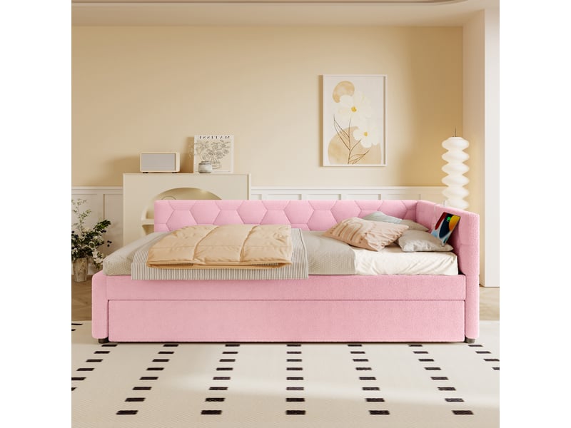  Lit banquette tissu bouclette 90x200 rose avec lit gigogne, lampe de chevet et ports usbtype-c  - Conforama B
