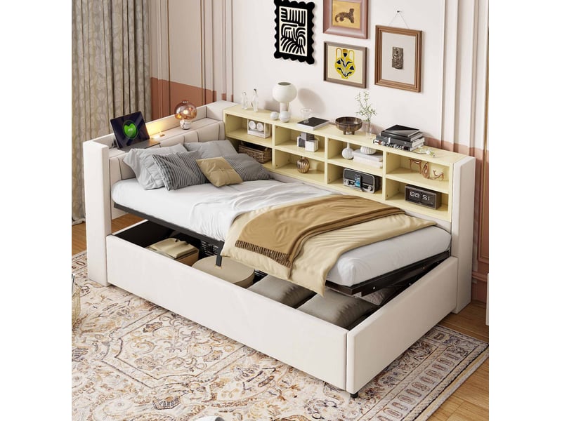  Lit coffre 90x200 cm en velours beige avec veilleuse et ports usb et usb-c  - Conforama E
