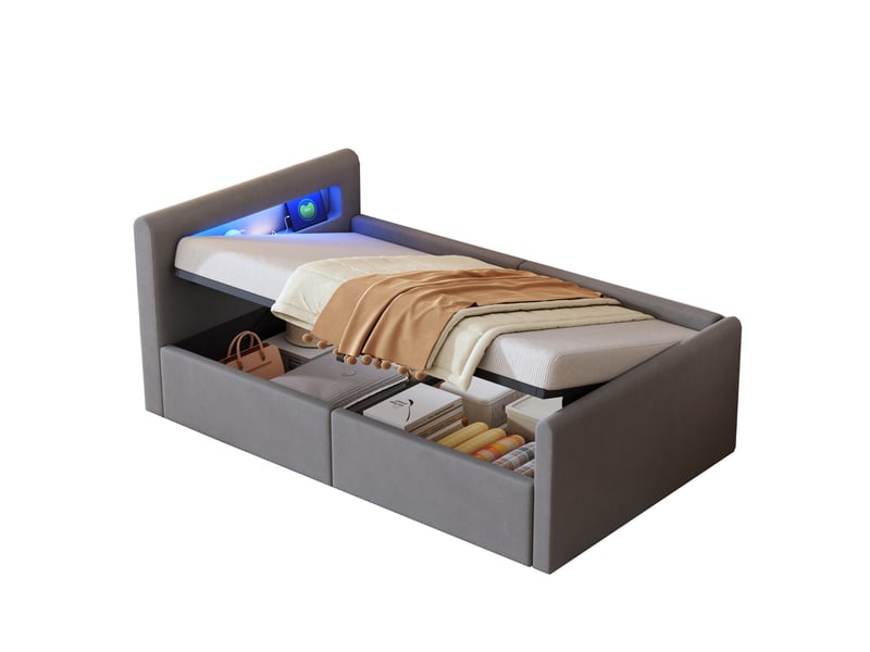  Lit enfant capitonné 90 x 200 cm en velours gris clair avec led, usb et rangement hydraulique  - Conforama A