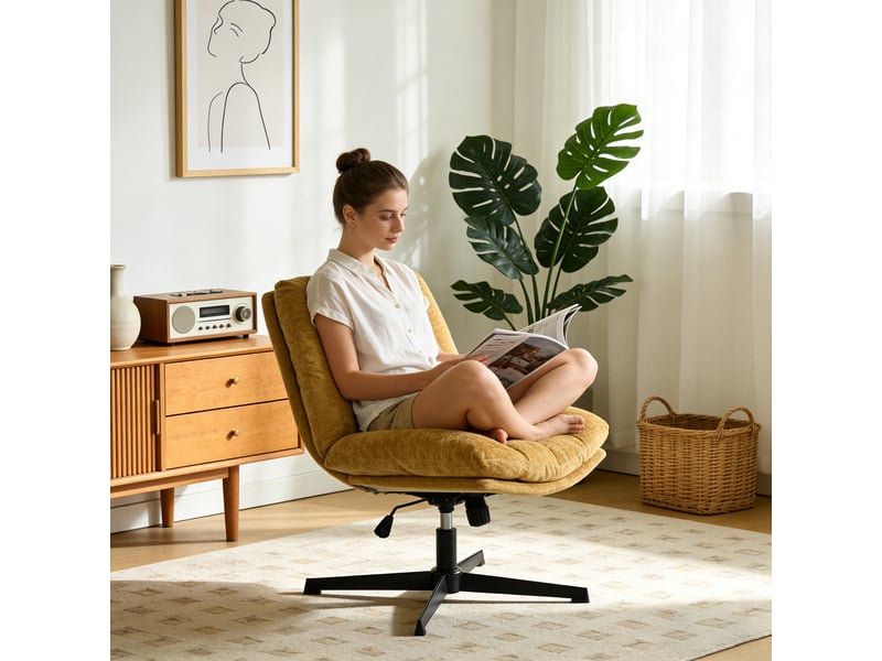 Fauteuil salon pivotant sur 360°, réglable en hauteur, sans accoudoirs, en tissu chenille, jaune - Conforama R
