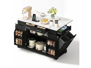 Desserte de cuisine avec plateau rabattable, prises et rangement coulissant pour déchets, en mdf noir, 138 × 86 × 92 cm