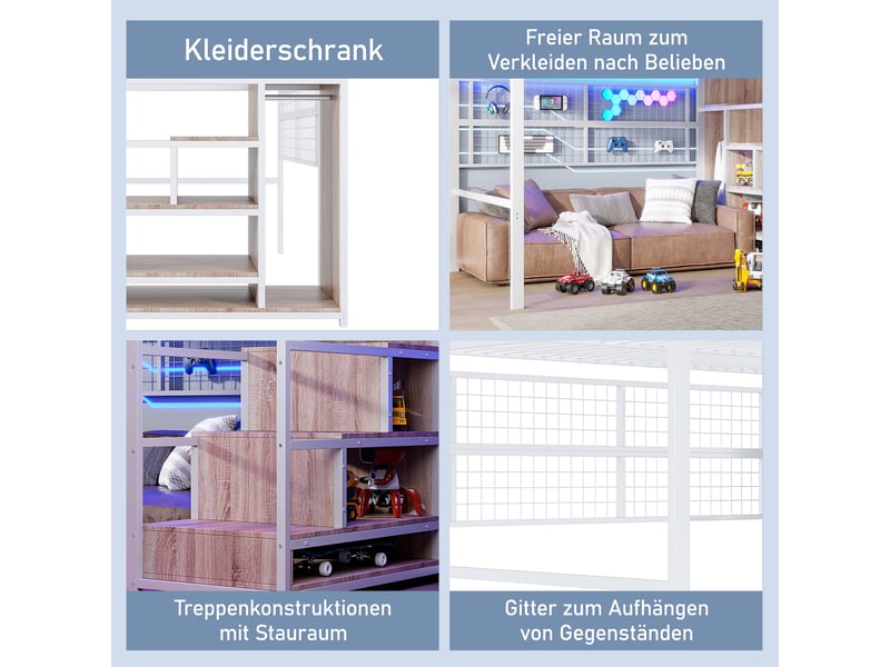 Lit mezzanine enfant 140x200 cm, penderie, escalier avec rangement, led 7 couleurs, métal et mdf, blanc Radiant Stride - Conforama E