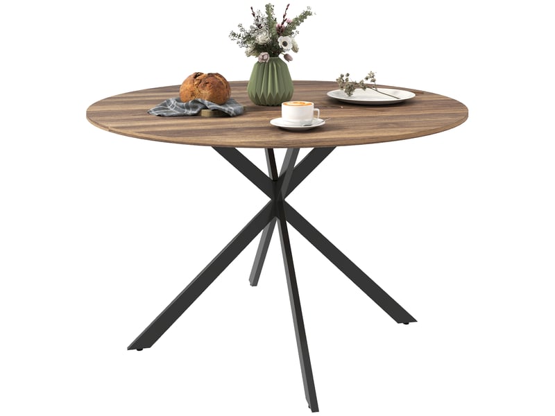  Table à manger ronde pour 4 personnes 120 cm style industriel avec plateau aspect bois, piètement croisé en acier, marron  - Conforama A