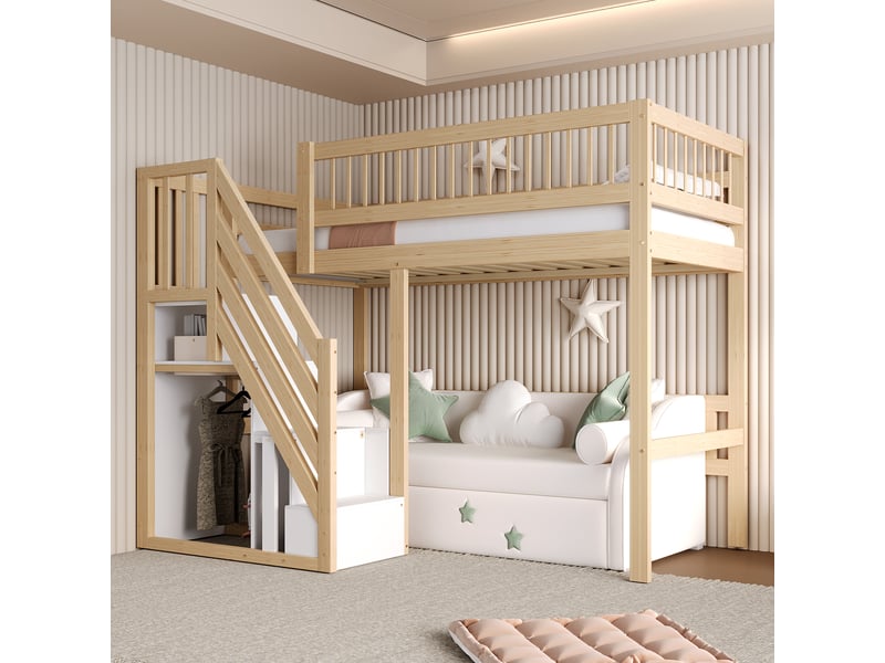  Lit mezzanine enfant 90x200 cm avec escalier avec rangements intégrés, espace de rangement pratique, structure bois, naturel OMNIGLINT TRADING LTD - Conforama B