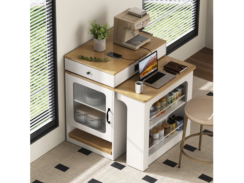 Îlot de cuisine à roulettes avec table extensible et prises, blanc et naturel - Conforama D