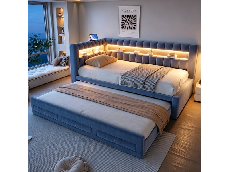  Lit banquette 90x190 cm en velours gris foncé avec lit gigogne et rangement  - Conforama B
