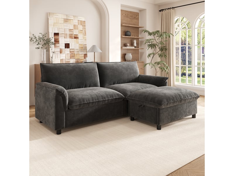  Canapé d'angle modulable 3 places gris avec pouf de rangement  - Conforama D