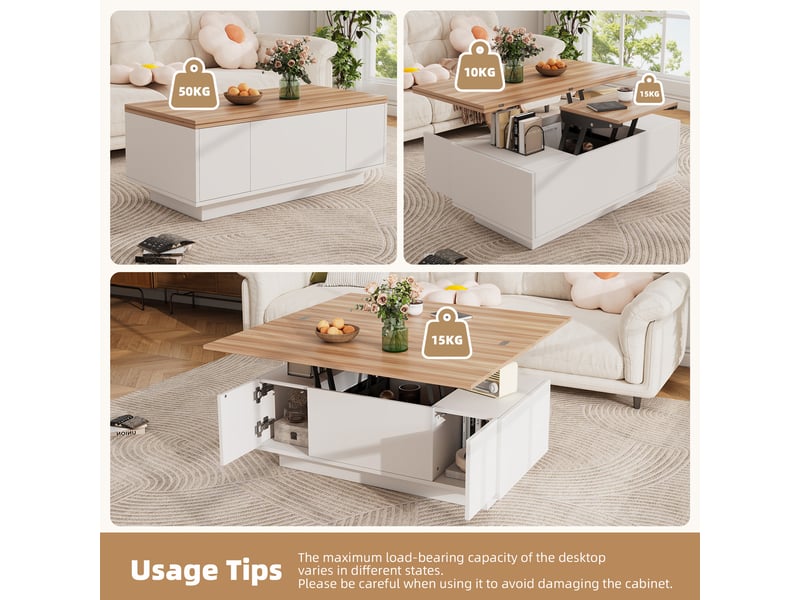  Table basse 100x50x55,5 cm relevable avec rangement, blanc et bois  - Conforama W